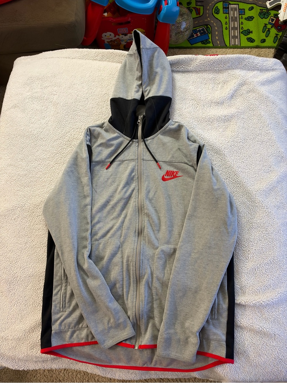 Nike Men's Gray Hoodie Jacket with Red Logo